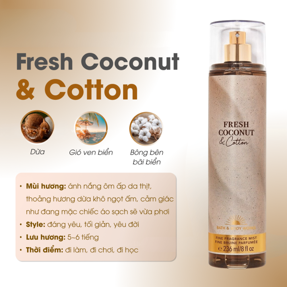 Xịt thơm Bath & Body Works 236ml với mùi hương ngọt ngào, mát dịu, nhẹ nhàng phù hợp cho mọi lứa tuổi