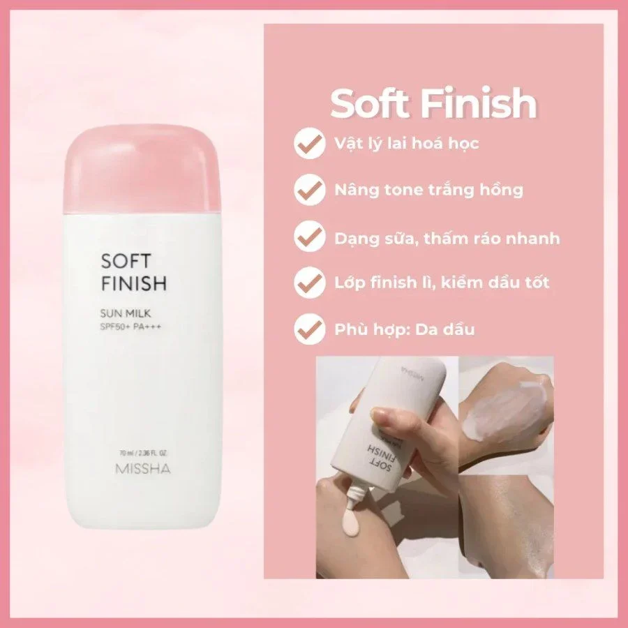 Kem chống nắng Missha Soft Finish Sun Milk SPF50+ PA++++ 70ml dành cho da nhạy cảm