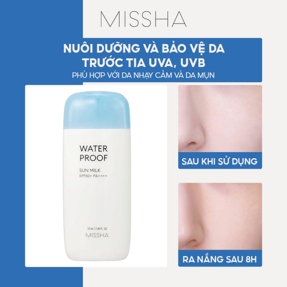 Kem chống nắng Missha Waterproof Sun Milk SPF50+ PA++++ 70ml chống nắng kiềm dầu