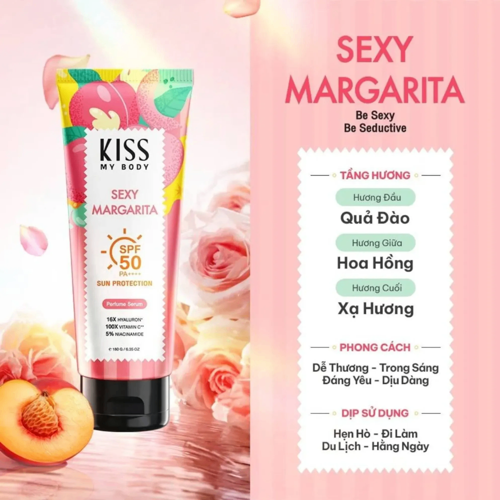 Serum dưỡng thể chống nắng Kiss My Body Sexy Margarita Sun Protection Perfume SPF50 PA++++ 180g giúp da sáng mịn