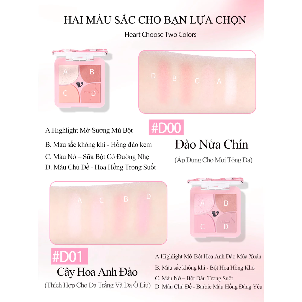 Phấn má hồng 4 ô Veecci 6g lâu trôi mềm mịn tự nhiên