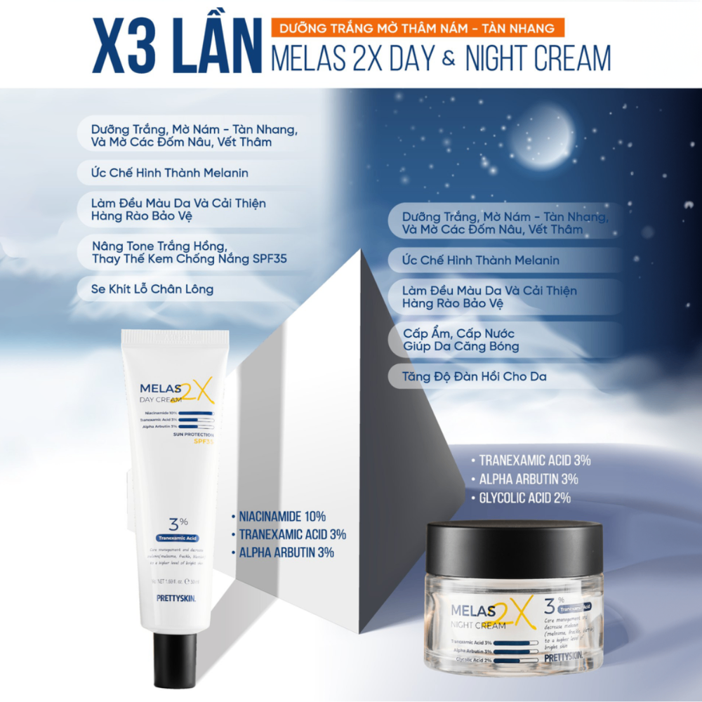 Kem dưỡng nám Prettyskin 2x Melas Night/Day Cream 50ml dưỡng trắng và làm mờ thâm nám