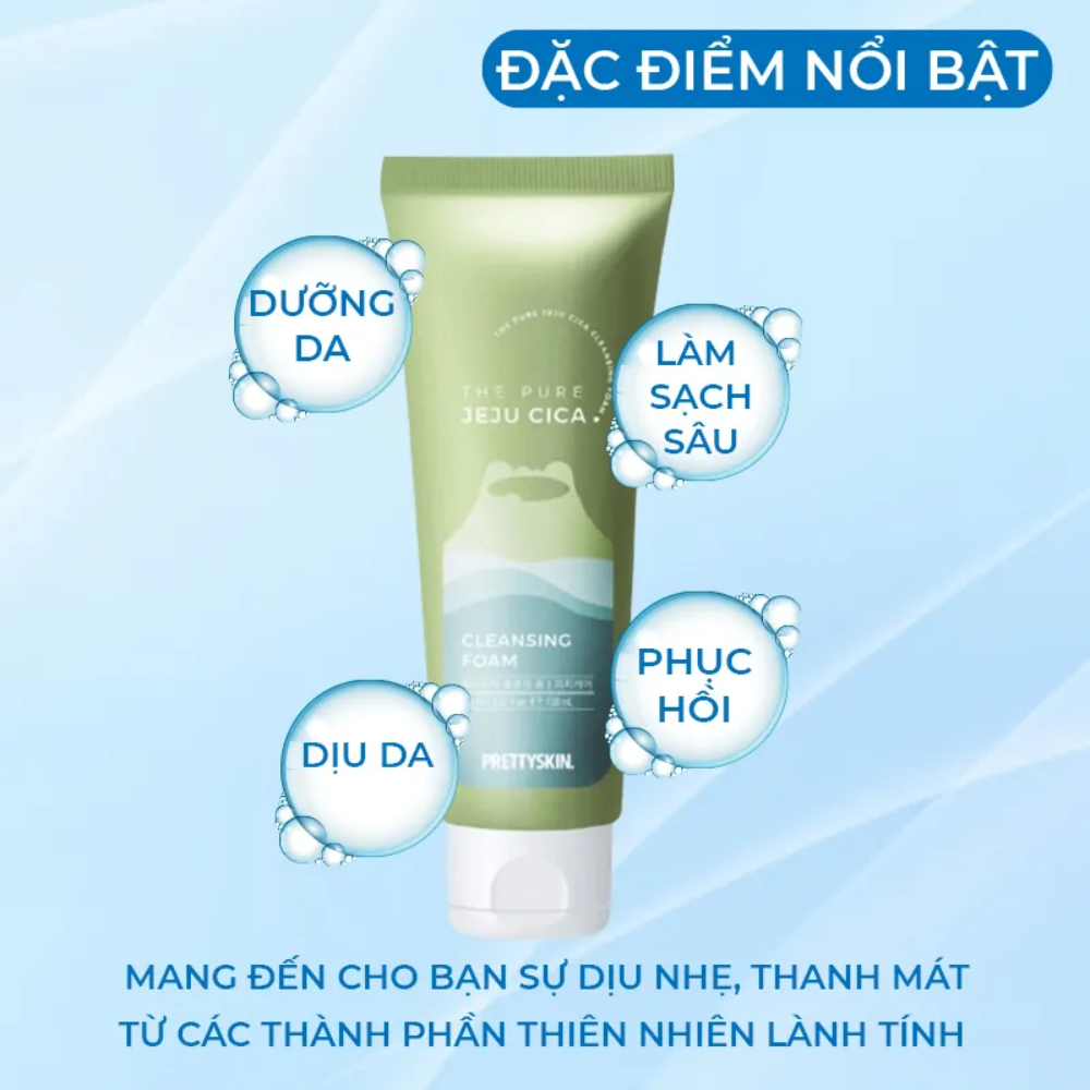 Sữa rửa mặt rau má Prettyskin The Pure Jeju Cica Cleansing Foam 150ml làm sạch bụi bẩn và dầu thừa