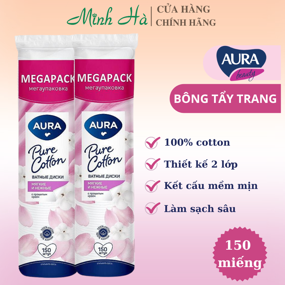 Bông tẩy trang Aura Beauty 150 miếng thiết kế 2 lớp giúp tẩy trang sạch sâu, nhanh chóng