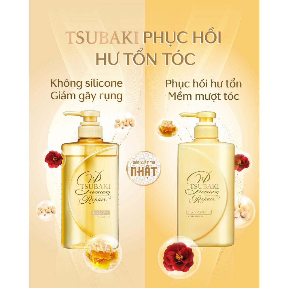 Dầu gội & xả Premium Repair Tsubaki 490ml phục hồi giảm rụng tóc