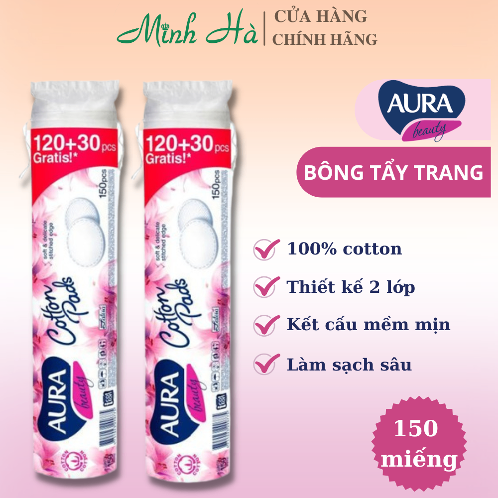 Bông tẩy trang Aura Beauty 150 miếng thiết kế 2 lớp giúp tẩy trang sạch sâu, nhanh chóng
