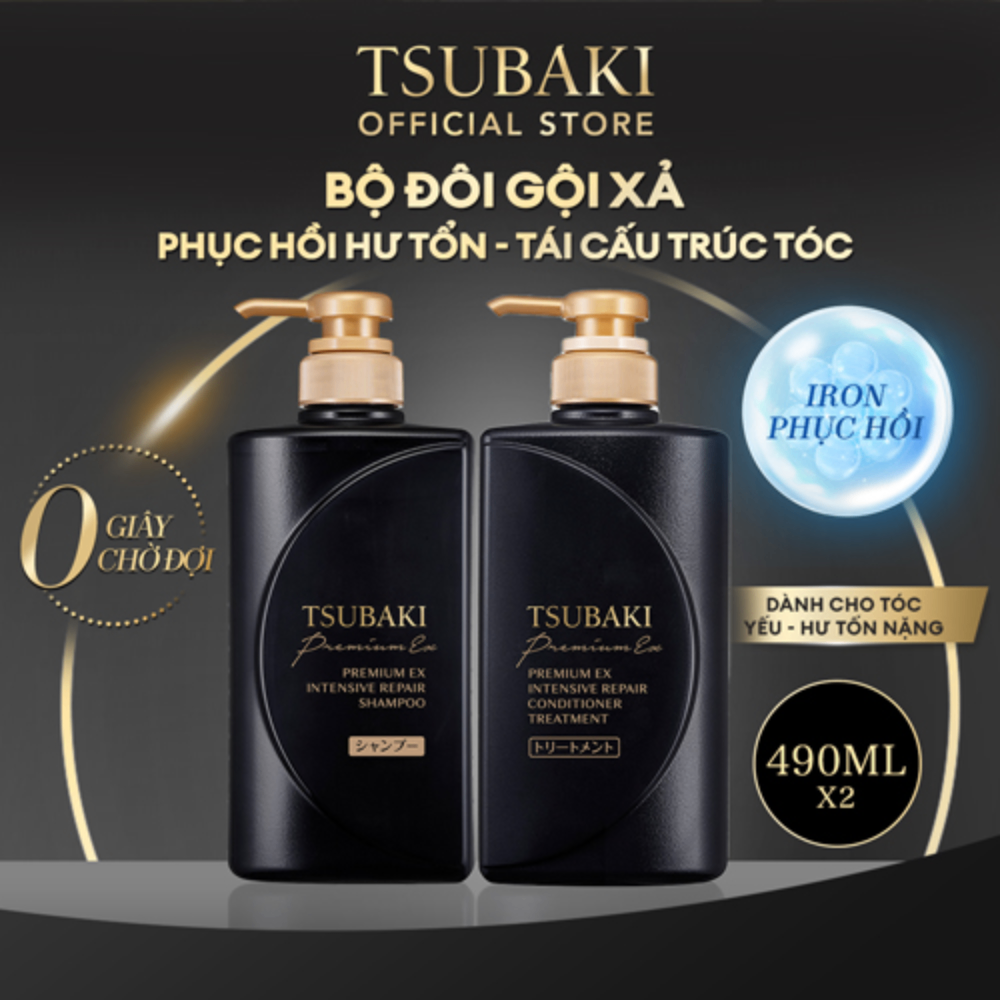 Gội xả Premium EX Intensive Repair Tsubaki 490ml (Màu đen) phục hồi và tái tạo hư tổn