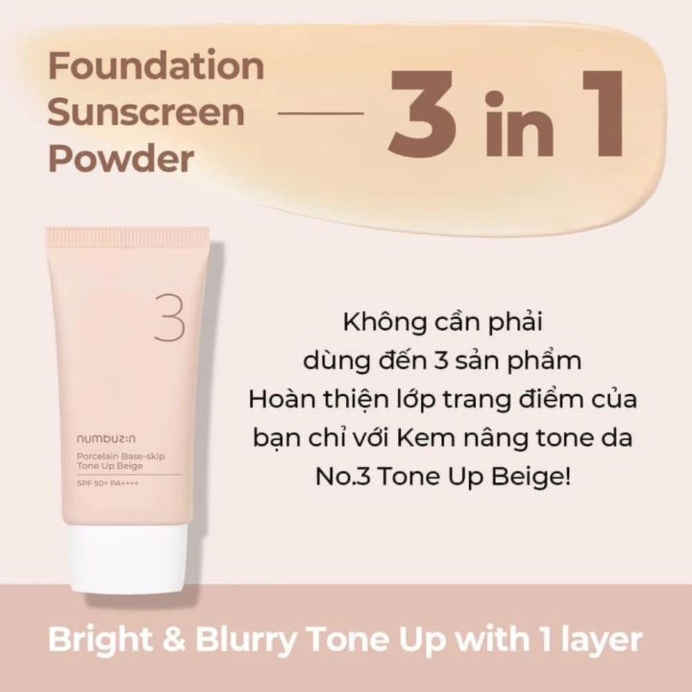 Kem chống nắng Numbuzin No.3 Porcelain Base-skip Tone Up Beige SPF 50+ PA++++ 50ml nâng tone làm đều màu da