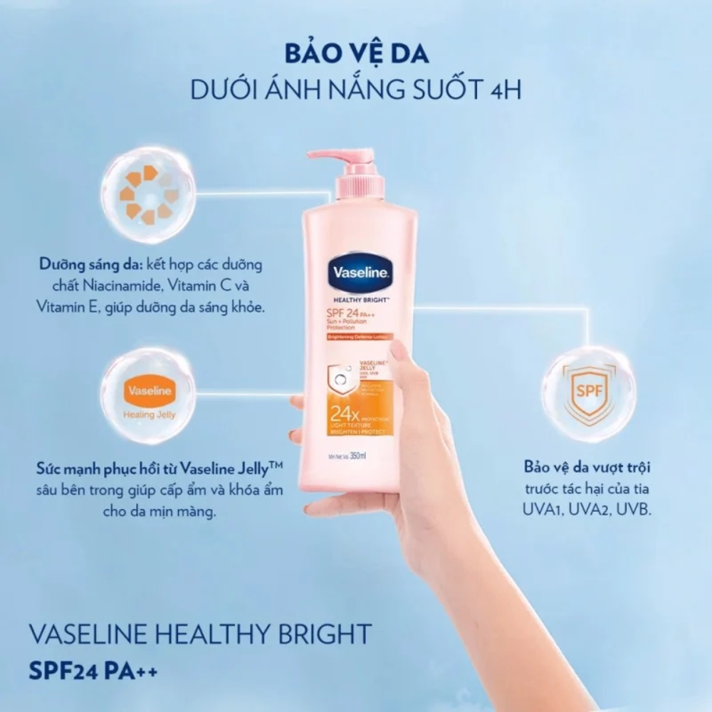 Sữa dưỡng thể Vaseline Healthy White 350ml dưỡng trắng da không nhờn rít