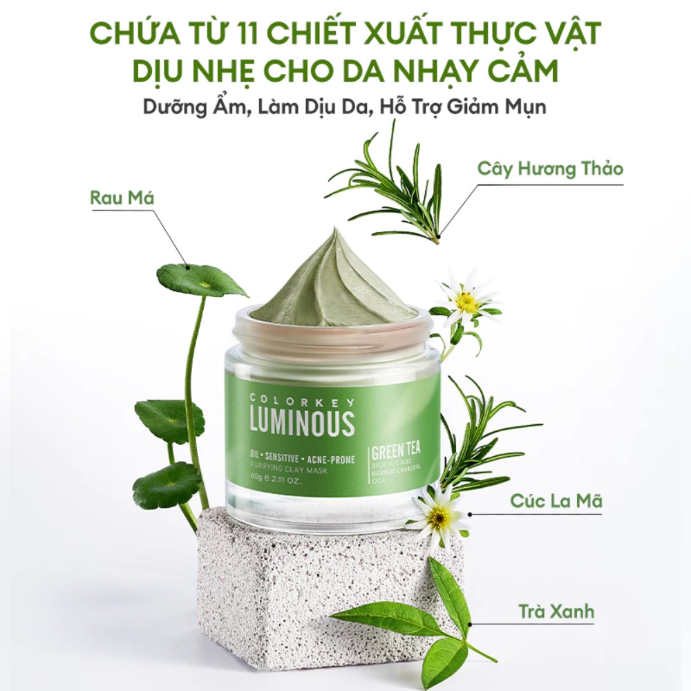 Mặt nạ kem bùn trà xanh Colorkey Luminous Green Tea Purifying Clay Mask 60g dành cho da dầu mụn
