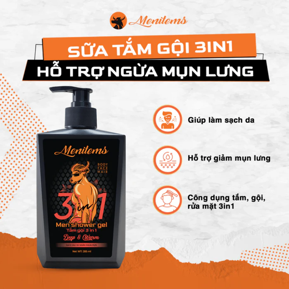 Sữa tắm gội Menitems Men Shower Gel 285ml giảm mụn lưng làm sạch sâu