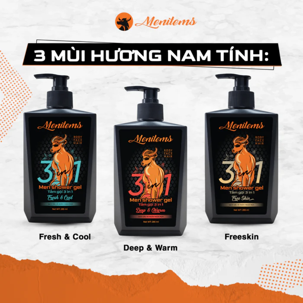 Sữa tắm gội Menitems Men Shower Gel 285ml giảm mụn lưng làm sạch sâu