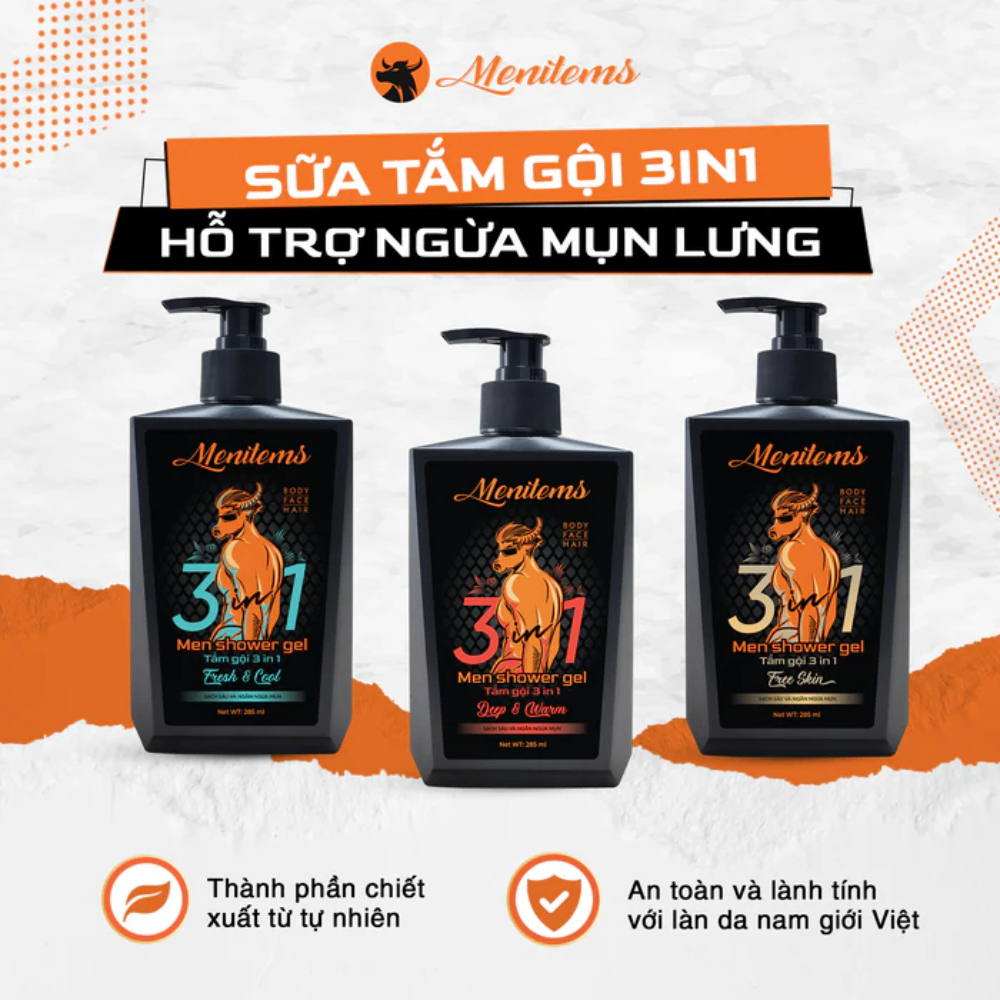 Sữa tắm gội Menitems Men Shower Gel 285ml giảm mụn lưng làm sạch sâu