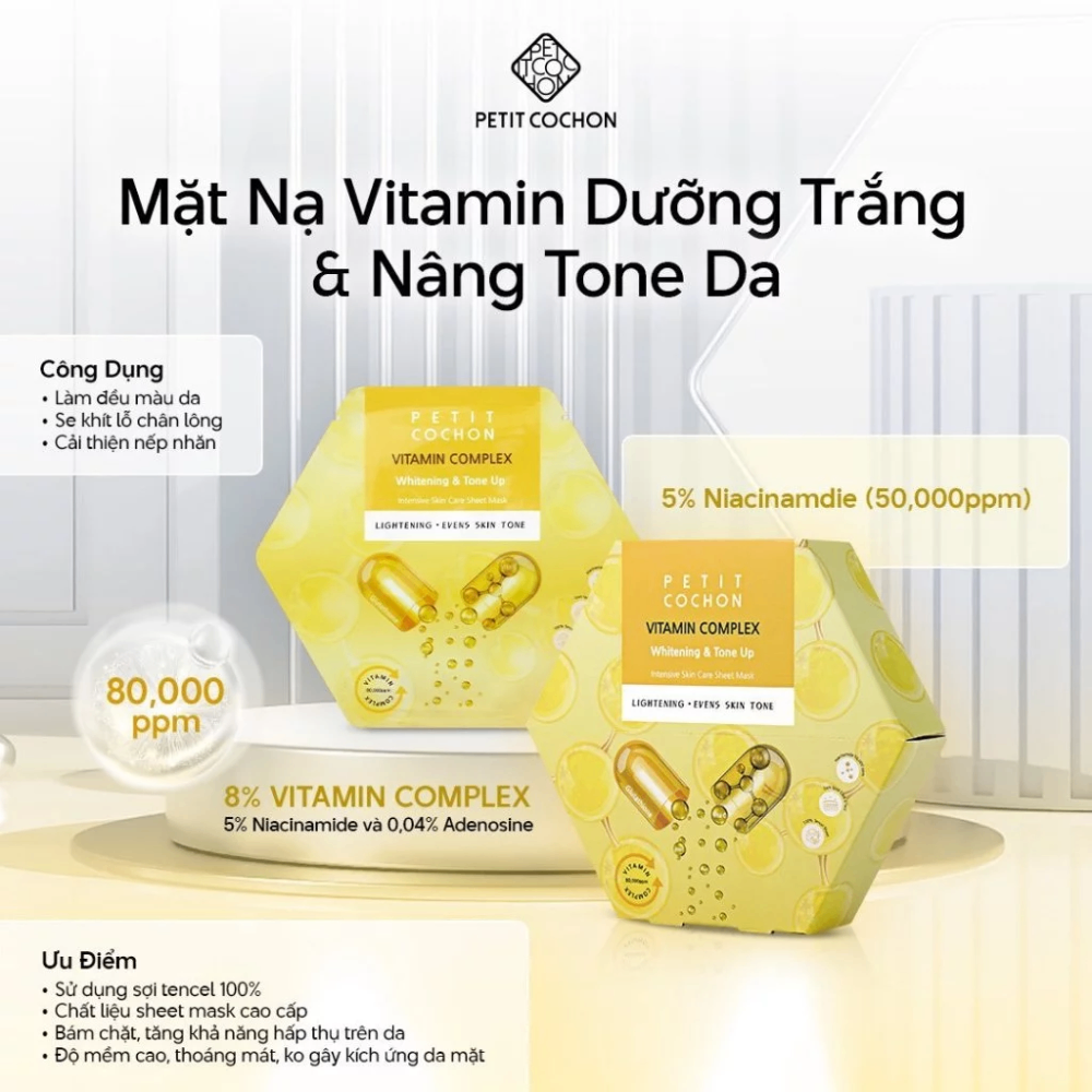 Mặt nạ Petit cochon Vitamin Complex Whitening 30ml dưỡng trắng cấp ẩm phù hợp mọi loại da