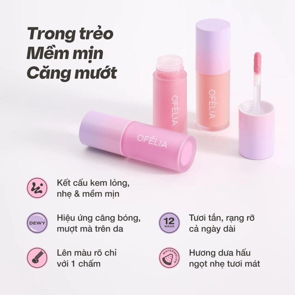 Má hồng dạng kem Ofelia Lolli Liquid Blush 4.3g nhẹ và lên màu đều, dễ dàng sử dụng