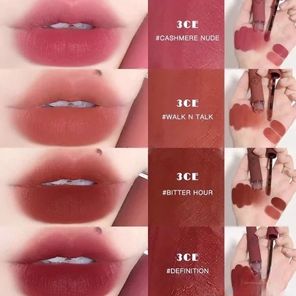 Son kem lì 3CE Velvet Lip Tint 4g lên môi cực mịn, chuẩn tone màu