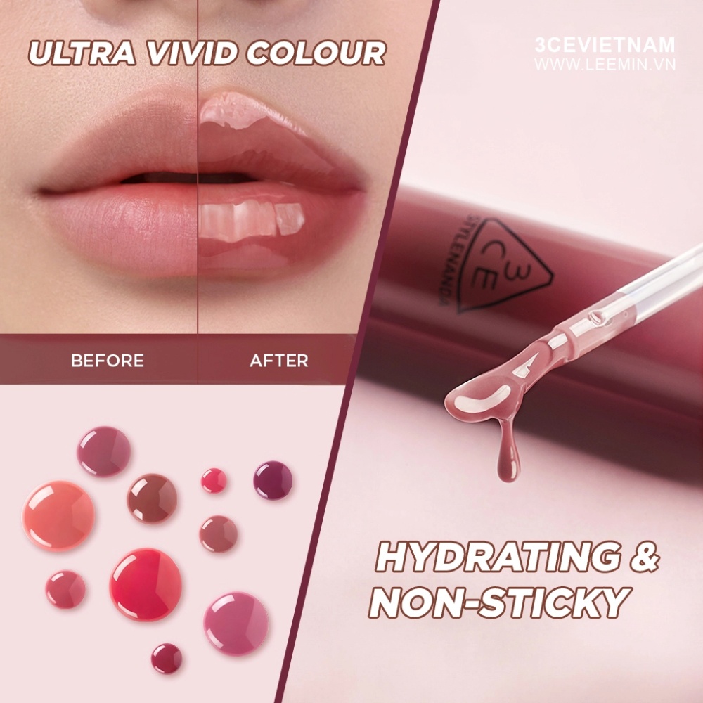 Son bóng dưỡng ẩm, căng mọng môi 3CE Drop Glow Gel 4g không tạo vân môi, siêu dưỡng