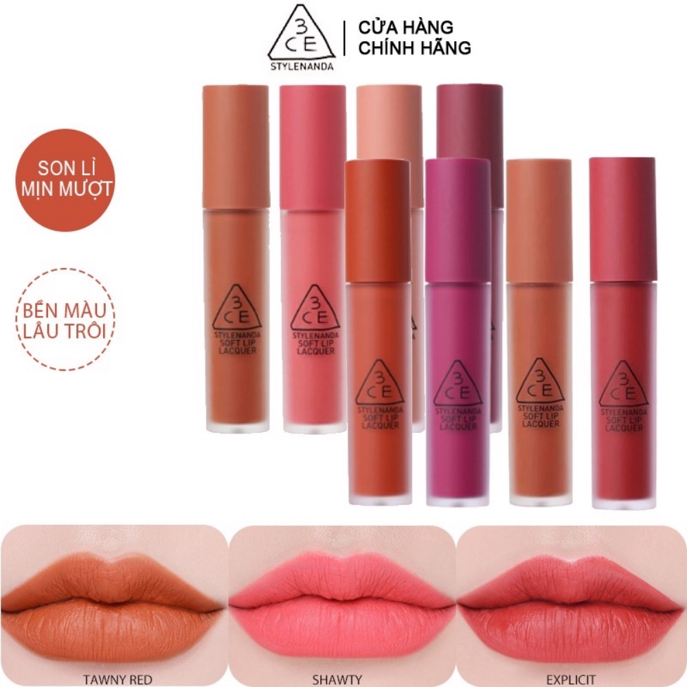 Son kem lì 3CE Soft Lip Lacquer 4g không kén da, lâu trôi
