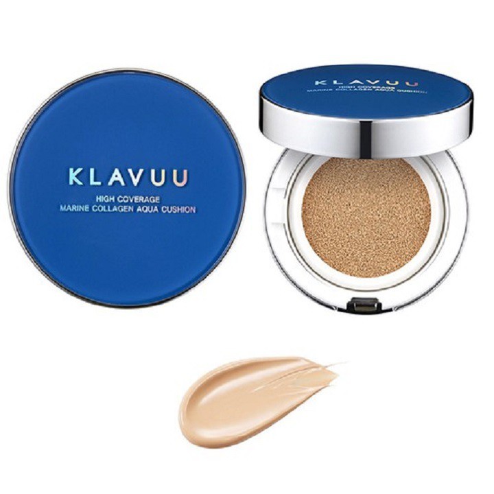 Phấn nước Klavuu Blue Pearlsation High Coverage Marine Collagen Aqua Cushion 12g giúp da ẩm mịn