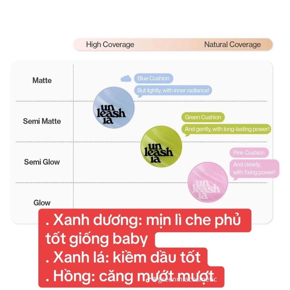 Cushion Unleashia Satin Wear Healthy-Green/ Don't Touch Glass Pink Cushion 15g kiềm dầu, che phủ tốt