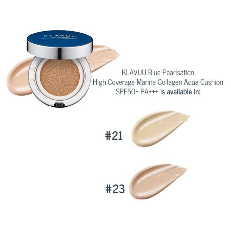Phấn nước Klavuu Blue Pearlsation High Coverage Marine Collagen Aqua Cushion 12g giúp da ẩm mịn