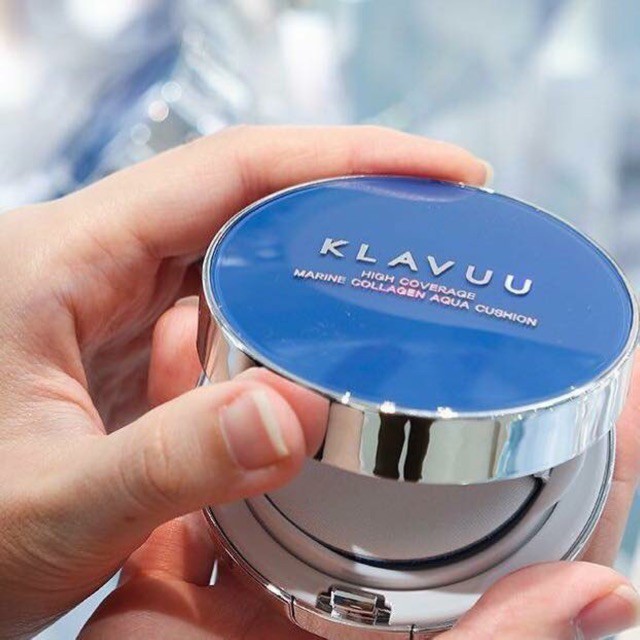 Phấn nước Klavuu Blue Pearlsation High Coverage Marine Collagen Aqua Cushion 12g giúp da ẩm mịn