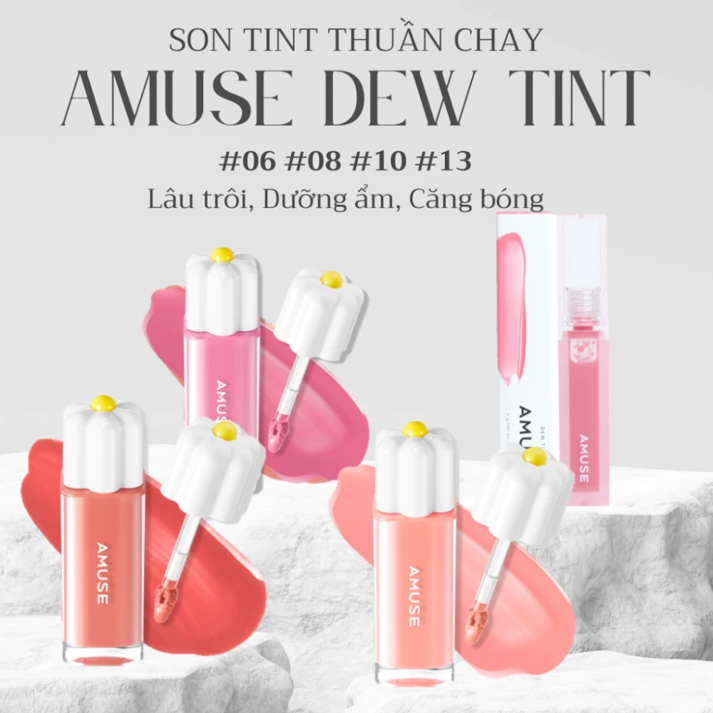 Son tint bóng AMUSE Dewy Tint 4g hoa cúc thuần chay độ bóng vừa phải