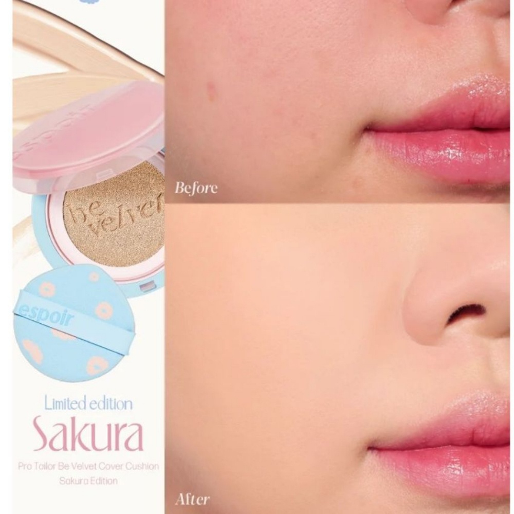Phấn nước Espoir Pro Tailor Be Velvet Cover Cushion Sakura + Cherry Blossom Edition 13gr mỏng nhẹ, mềm mịn