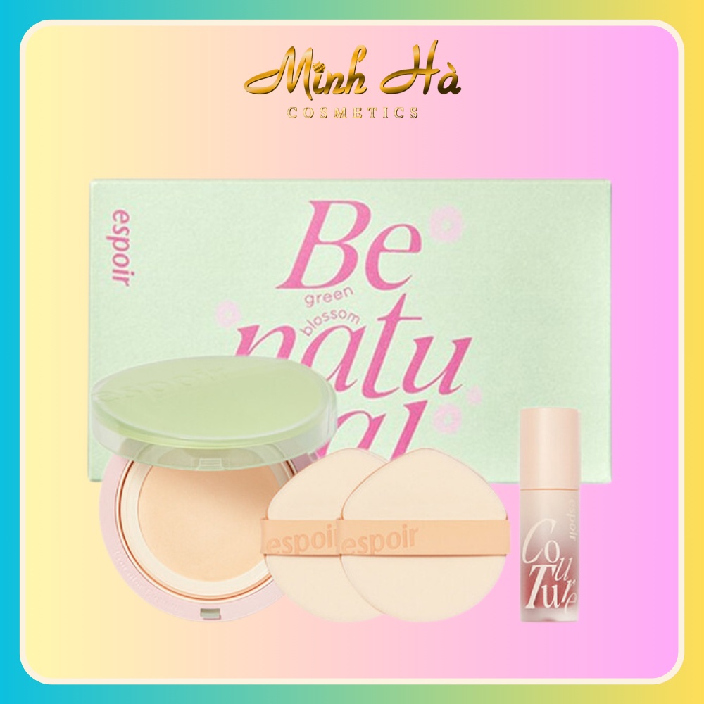 Phấn nước Espoir Be Natural Cushion Green Blossom SPF 50+ PA++++ Tone 21 14g kèm son kem + 2 bông mút