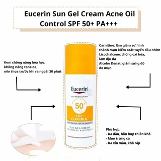 Kem chống nắng Eucerin Sun Gel Cream Acne Oil Control SPF 50+ PA+++ 50ml giúp kiểm soát nhờn