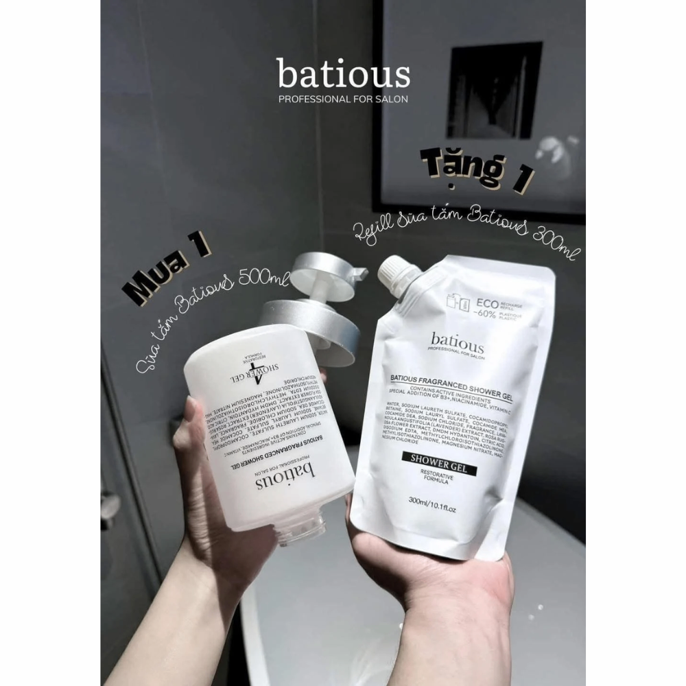 Sữa tắm trắng da Batious B3+ 500ml (Tặng kèm Set mini + bông tắm) giúp da khỏe mạnh và trắng sáng