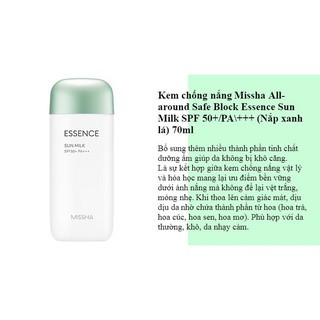 Kem chống nắng missha Essence Sun Milk SPF50+ PA+++ 70ml dưỡng ẩm chống nắng hiệu quả