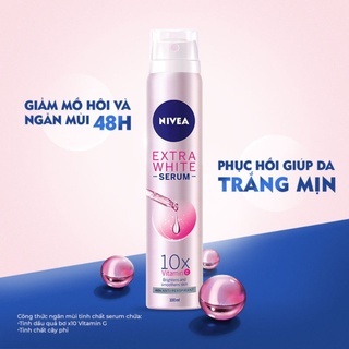 Xịt khử mùi Nivea Extra White Serum Spray Whitening Skin 100ml dưỡng da sáng mịn, giảm tiết mồ hôi và ngăn mùi suốt 48h