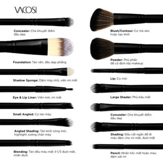 Bộ cọ 14 cây Vacosi (Ví cam) lông cọ mềm mại và phù hợp cho từng vùng makeup