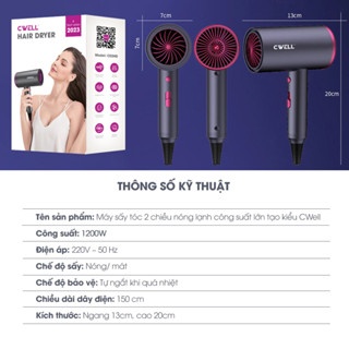 Máy sấy tóc CWELL Hair Dryer với 2 chế độ sấy và ánh sáng xanh bảo vệ tóc