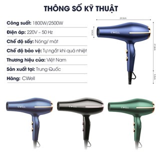 Máy sấy tóc CWELL Hair Dryer với 2 chế độ sấy và ánh sáng xanh bảo vệ tóc