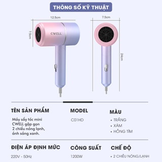 Máy sấy tóc CWELL Hair Dryer với 2 chế độ sấy và ánh sáng xanh bảo vệ tóc