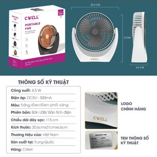 Quạt mini tích điện CWELL Portable Fan C201F-4 không gây ồn, điều chỉnh được góc rộng