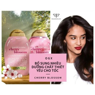 Dầu gội xả OGX Heavenly Hydration + Cherry Blossom Shampoo 385ml màu hồng hương thơm hoa anh đào