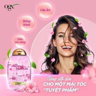 Dầu gội xả OGX Heavenly Hydration + Cherry Blossom Shampoo 385ml màu hồng hương thơm hoa anh đào