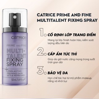 Xịt khóa nền Catrice Long Lasting Prime & Fine Multitalent Fixing Spray 50ml giúp lớp trang điểm hoàn hảo và lâu trôi