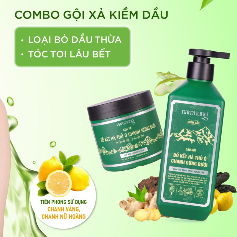 Dầu gội xả NAMNUNG bồ kết, hà thủ ô, chanh gừng bưởi 220/500ml (xanh lá) hỗ trợ kiềm dầu