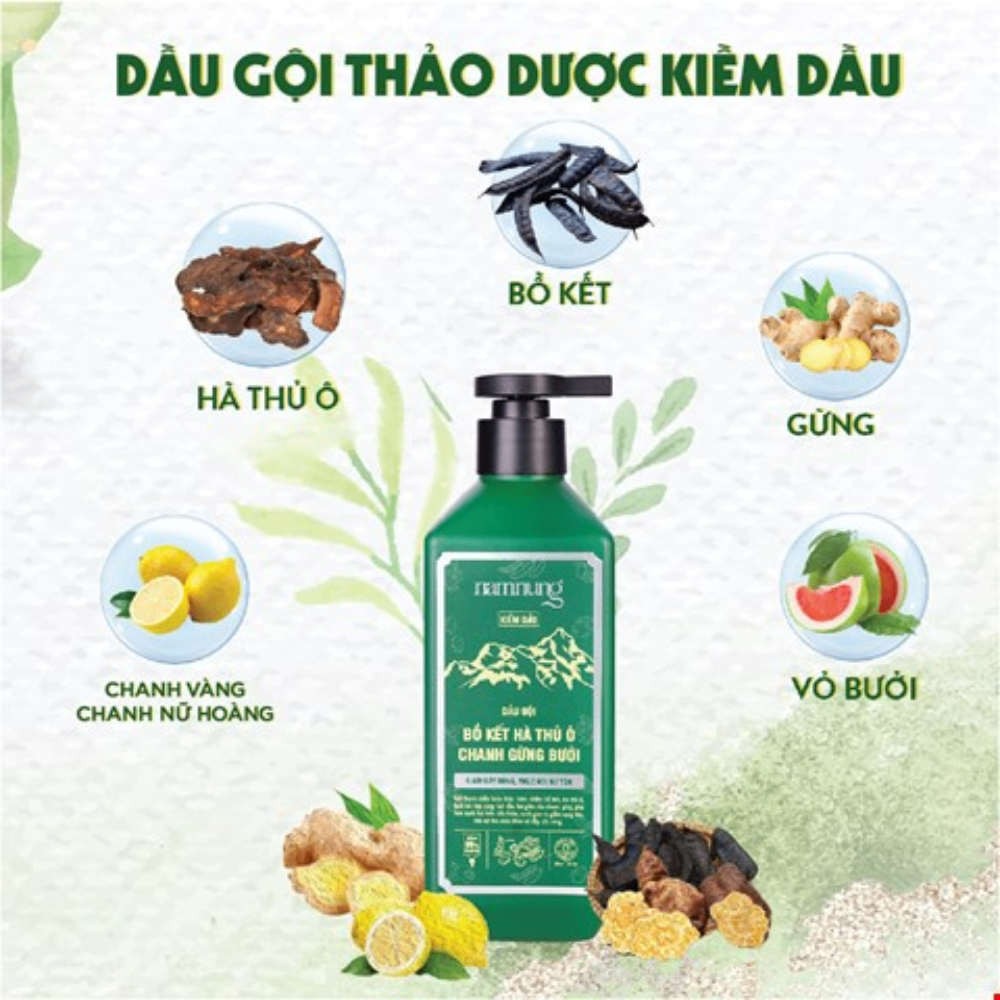 Dầu gội xả NAMNUNG bồ kết, hà thủ ô, chanh gừng bưởi 220/500ml (xanh lá) hỗ trợ kiềm dầu