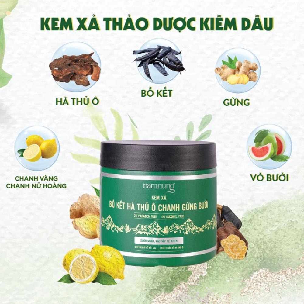 Dầu gội xả NAMNUNG bồ kết, hà thủ ô, chanh gừng bưởi 220/500ml (xanh lá) hỗ trợ kiềm dầu