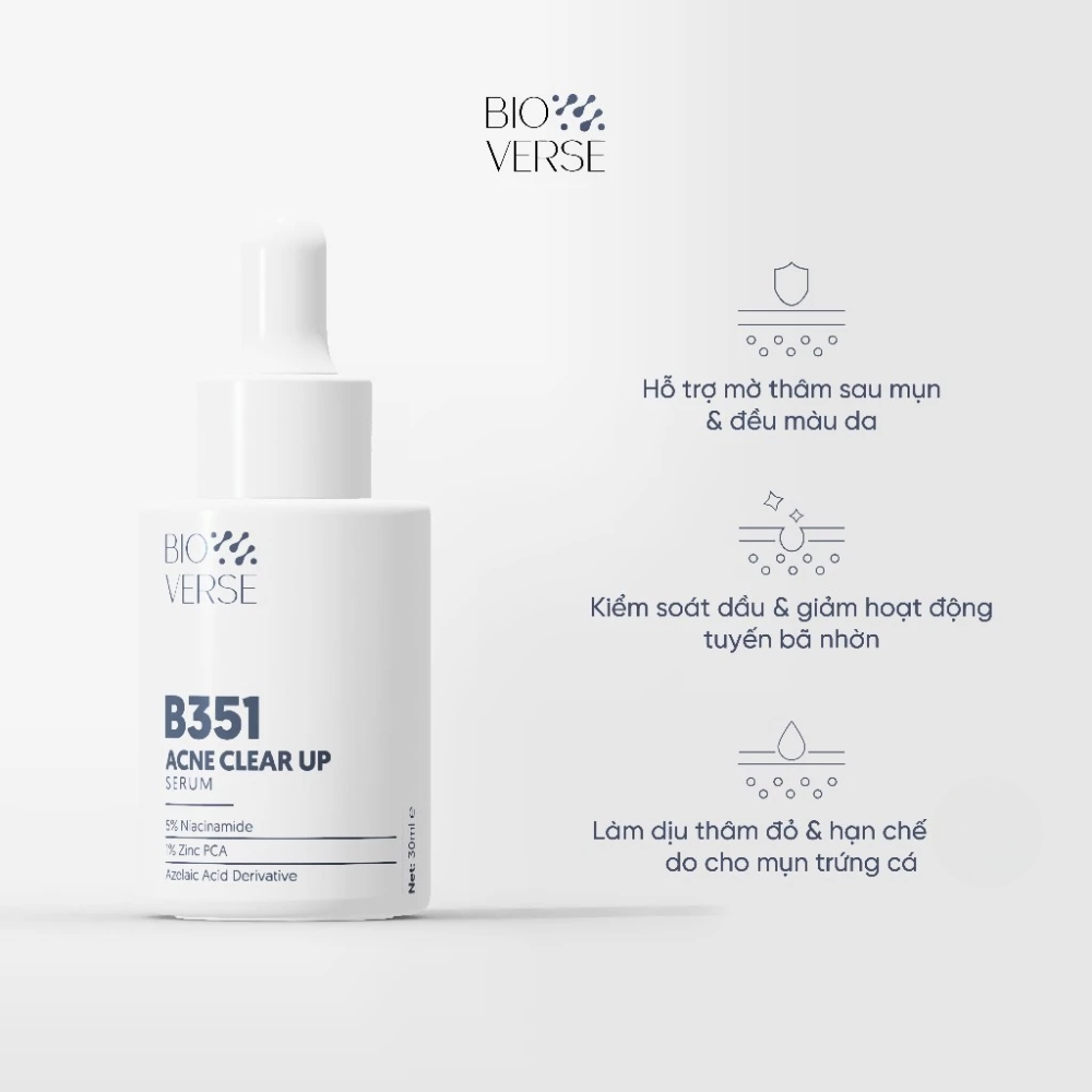 Tinh chất Bioverse B351 Acne Clear up Niacinamide 5% + Zinc 1% 5/30ml hỗ trợ giảm mụn hiệu quả