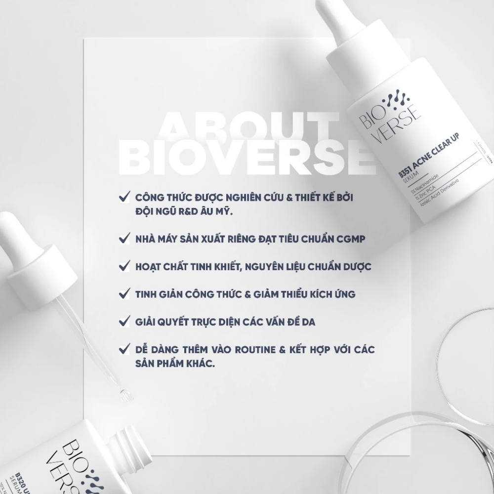 Tinh chất Bioverse B351 Acne Clear up Niacinamide 5% + Zinc 1% 5/30ml hỗ trợ giảm mụn hiệu quả