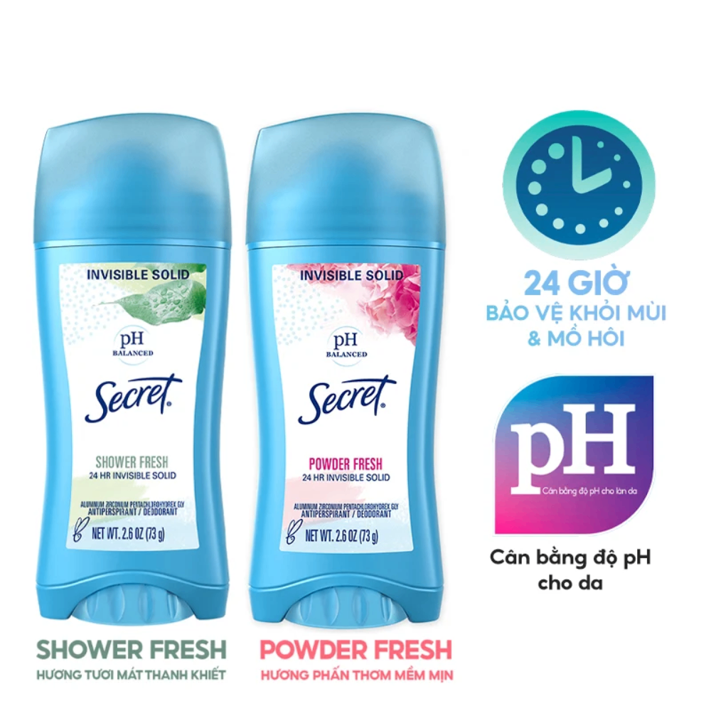 Sáp khử mùi Secret pH Balanced 24h Invisible Solid Deodorant 73g #Powder Fresh khử mùi khô thoáng suốt 24h