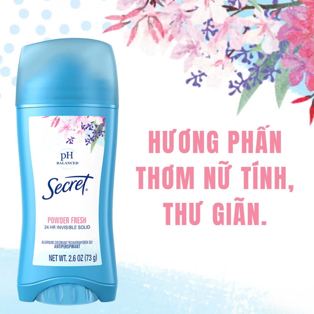 Sáp khử mùi Secret pH Balanced 24h Invisible Solid Deodorant 73g #Powder Fresh khử mùi khô thoáng suốt 24h