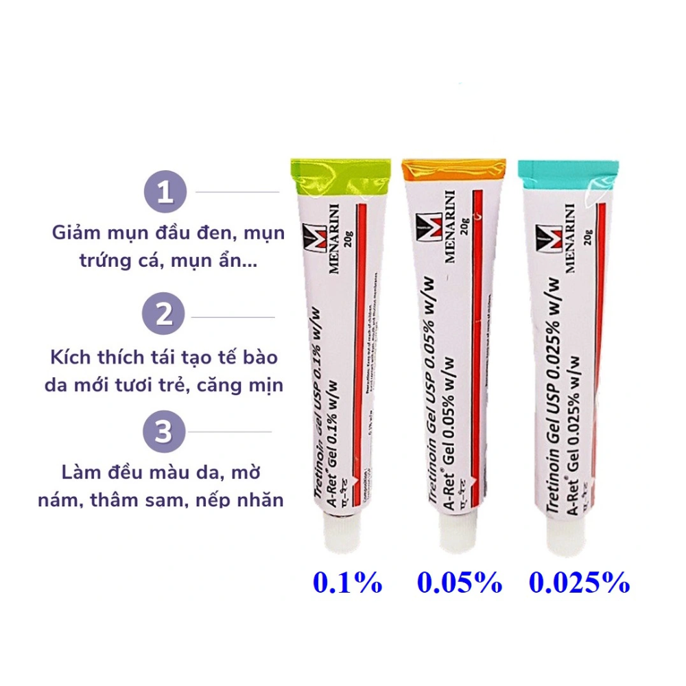 Gel giảm mụn Menarini Tretinoin USP 20g làm sạch mụn, ngừa thâm, tái tạo da vượt trội