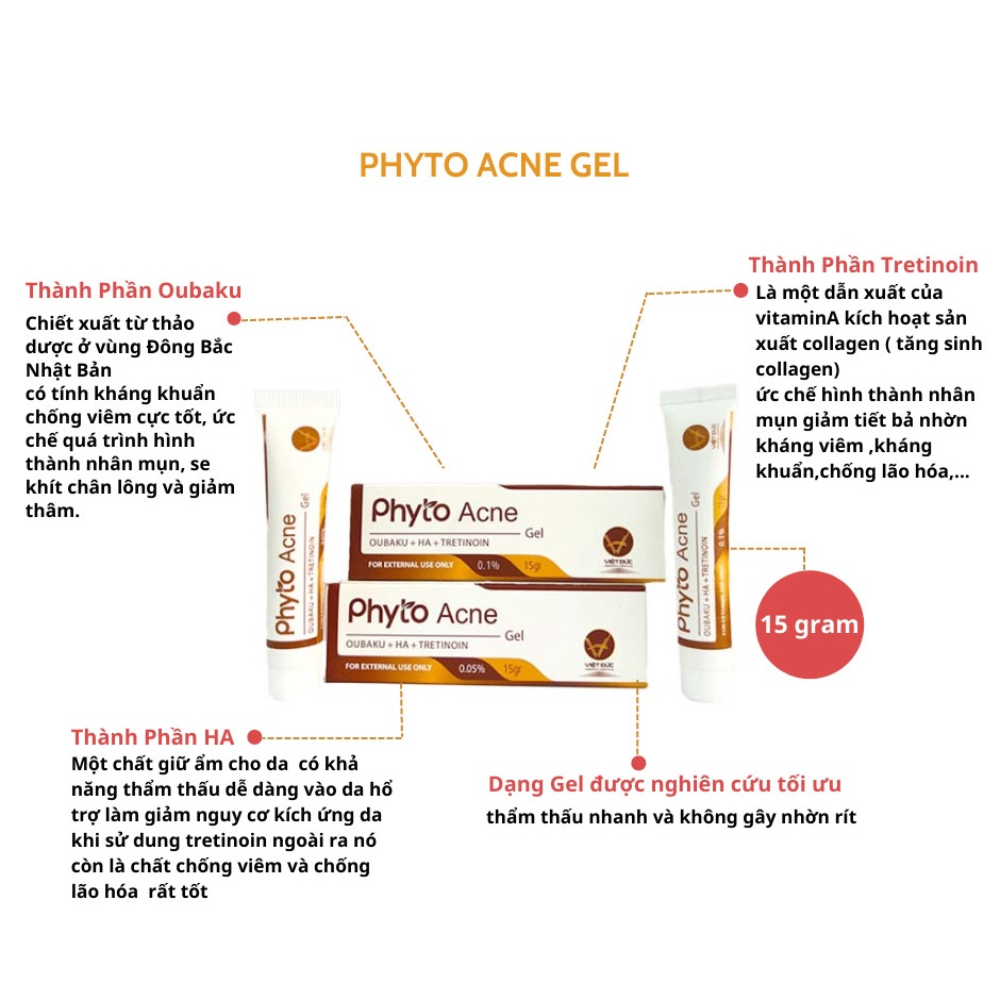 Gel trị mụn, giảm thâm Phyto Acne ( Oubaku + HA + Tretinoin ) 7.5g hỗ trợ mờ thâm, tái tạo làn da sáng khỏe